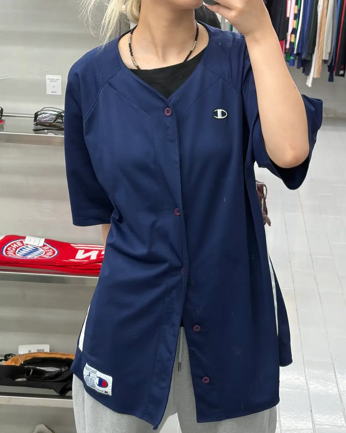 (XL) 챔피온 풀 버튼 베이스볼 져지 네이비