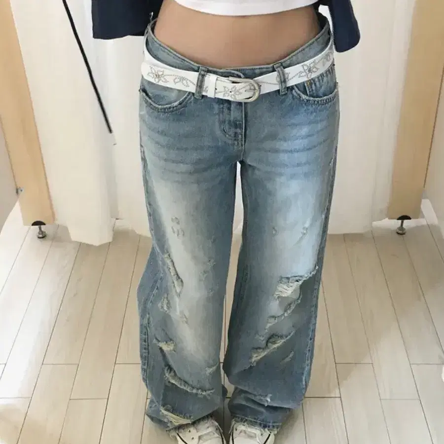 OOTJ 스크래치 워싱 로우라이즈 와이드 데님 팬츠 S