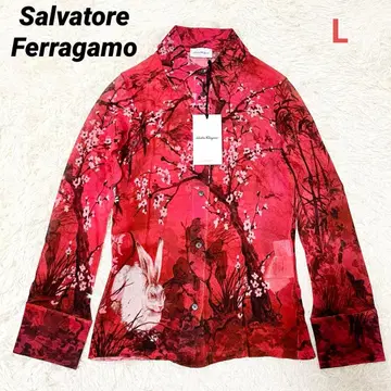 택 포함 새상품 Ferragamo 실크 100% 올 패턴 벚꽃 토끼 L 사이즈