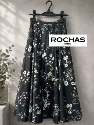 레어 하자품 ROCHAS/로샤스 꽃무늬 플레어 스커트 실크 혼방 사이즈 38
