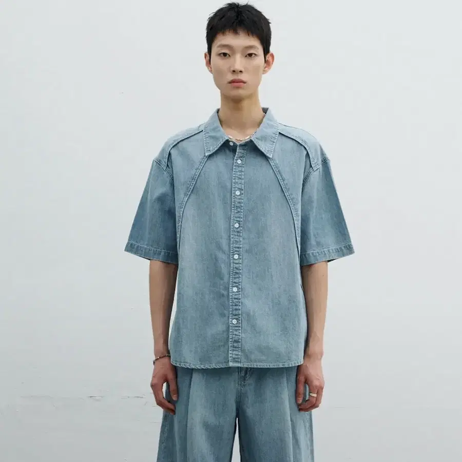 미나브 린넨 데님 하프 셔츠 라이트블루
