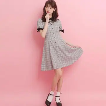 시크릿 허니 반팔 원피스 깅엄 체크 리본 블랙