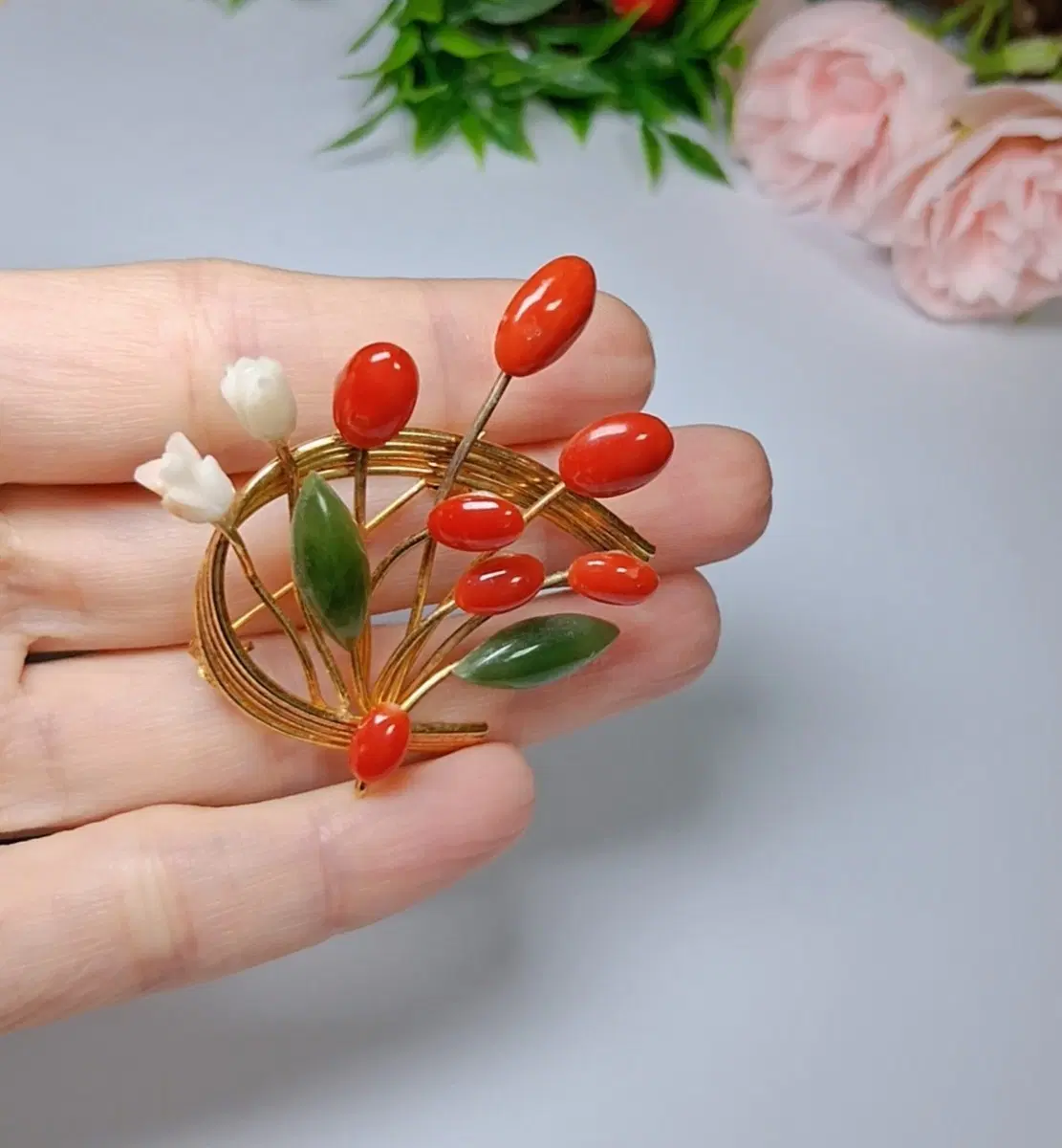 천연 아카 산호 적산호 레드산호 브로치 가방장식 선물