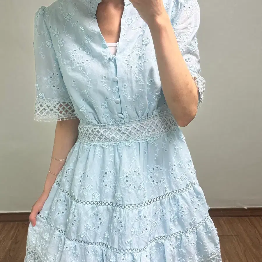 빈티지 하늘색 레이스 펀칭 원피스 히메갸루 로걀 라떼 모리걸 발레코어 스나계 페어리 히메카지 긱시크