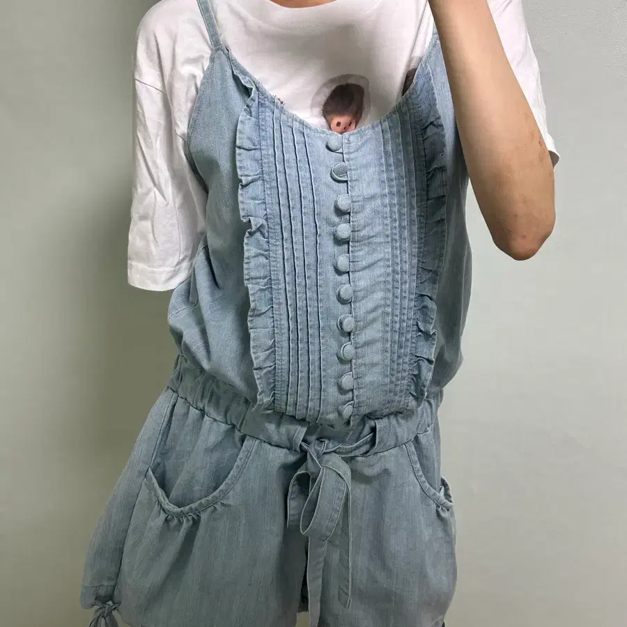 빈티지 청 멜빵 바지 레이스 러플 히메갸루 로걀 라떼 모리걸 헤이세이 히메카지 리즈리사깔