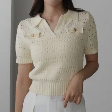 Louere 스키퍼 시스루 니트 폴로 니트 폴로 셔츠 루엘 크림