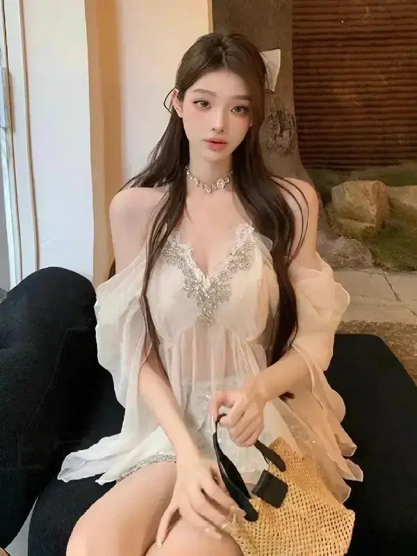 실크 란제리 세트 큐빅 장식