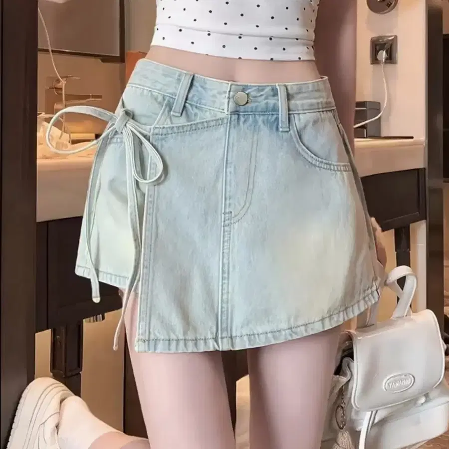 랩 리본 데님 치마바지