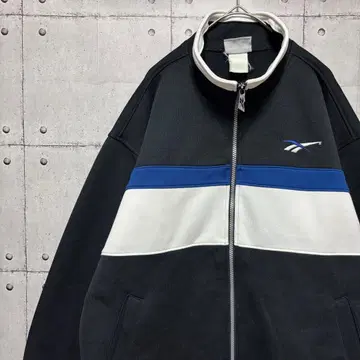 90s Reebok 트랙 자켓 전후 벡터 로고 자수 블랙 화이트 파랑 L