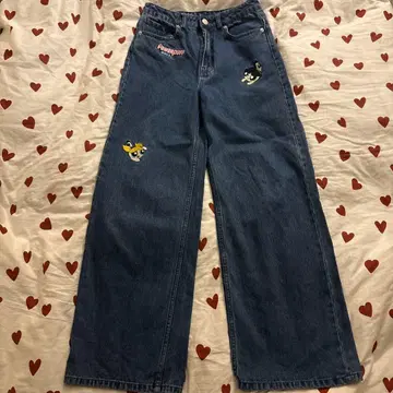 H&M 파워퍼프걸스 자수 배기 데님 팬츠 사이즈 36 해외 걸