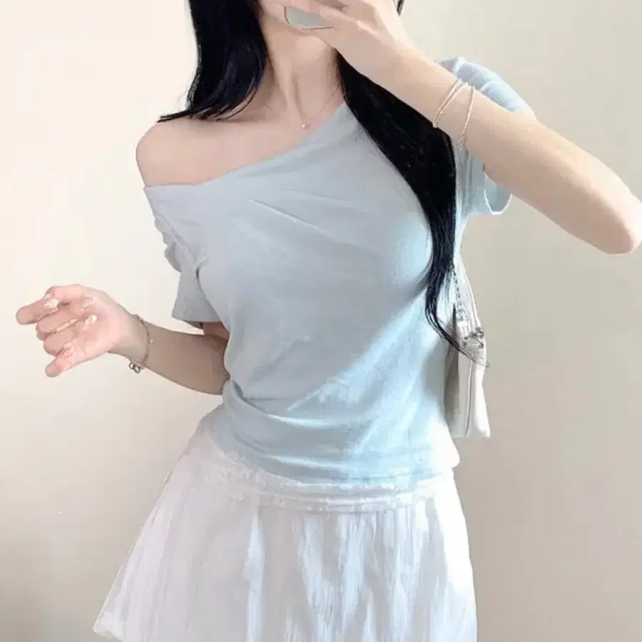 드레이프 원숄더 레이스 반팔티