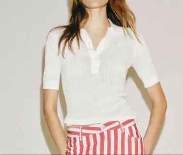 ZARA 리브 니트 반팔 피케 셔츠 화이트