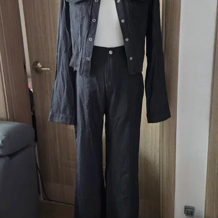 흑청 데님 또또 셔츠 + 와이드 팬츠 세트