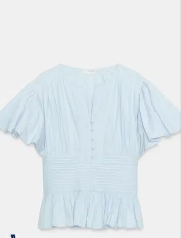 [미사용 새상품] ZARA 핀턱 퍼프 슬리브 블라우스 라이트 블루 L