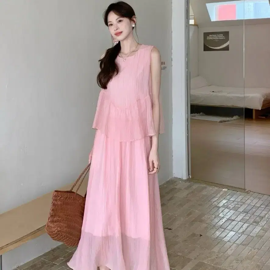 [새상품] 연핑크 쉬폰 원피스 세트, 스판짱, 임산부,임부복,데일리룩,바캉스룩,휴양지룩 (프리사이즈 ~77반)