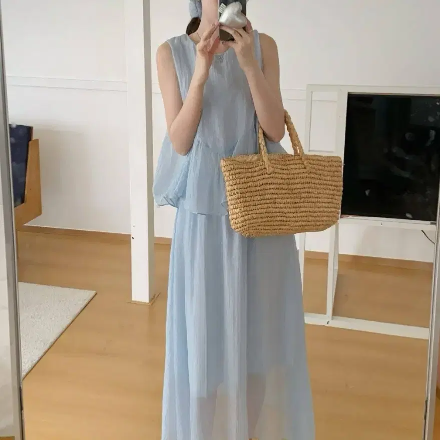 [새상품] 스카이블루 쉬폰 원피스 세트, 스판짱, 임산부,임부복,데일리룩,바캉스룩,휴양지룩 (프리사이즈 ~77반)