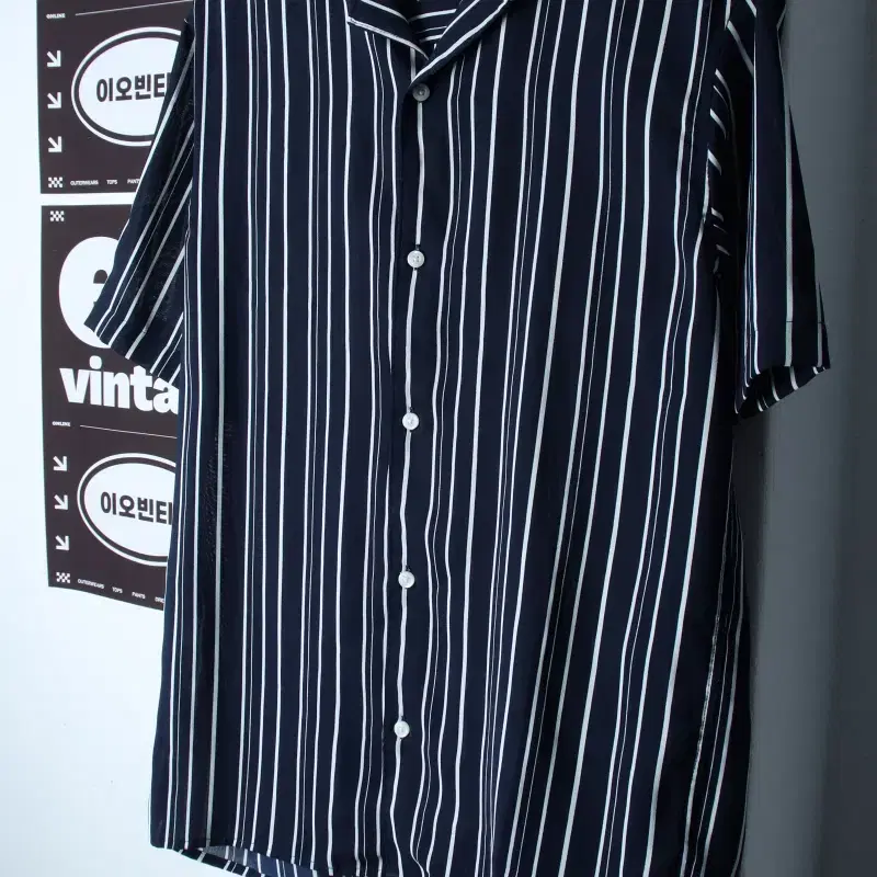 (L-XL) 반팔 카라 티셔츠 셔츠 남방 스트라이프 네이비-H35346