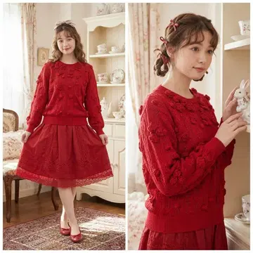 PINK HOUSE 입체 장미 시스루 니트 레드 빈티지 면