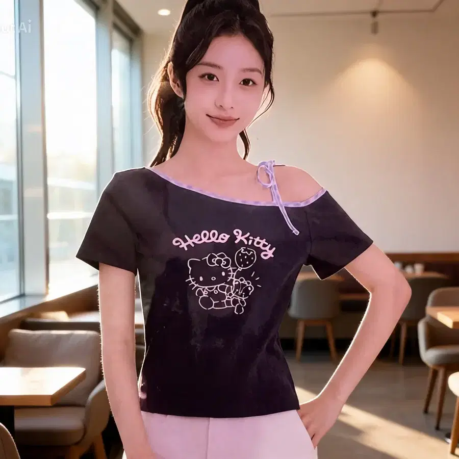 헬로키티 반팔 오프숄더 티셔츠 새상품