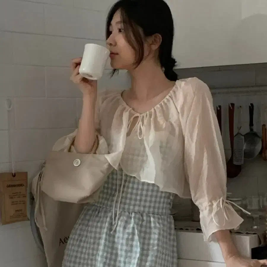 오이니 시스루 프릴 리본 가디건