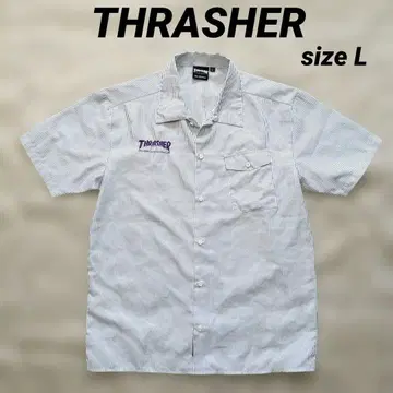 새상품 THRASHER 반팔 워크 셔츠 스트라이프 자수 로고 L 사이즈
