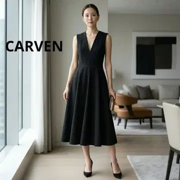 새상품급 CARVEN 칼벤 깊은 V넥 플레어 롱 원피스 포멀