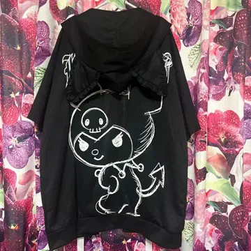 택 없음 미사용 Kuromi 쿠로미 귀 달린 반팔 지퍼 후드티 저지 블랙