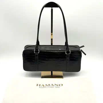 [ 컨디션 최상/수납 봉투 ] HAMANO 하마노 악어 엠보싱 핸드백 블랙