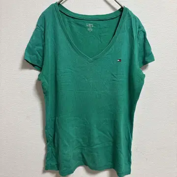 타미힐피거 V넥 반팔 무지 티셔츠 M 그린 면 데일리