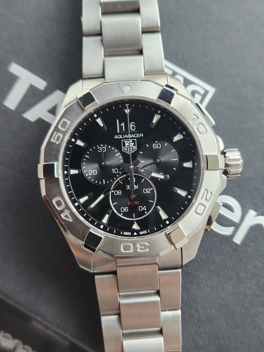 태그호이어 아쿠아레이서300 크로노그래프 43mm 스틸 블랙