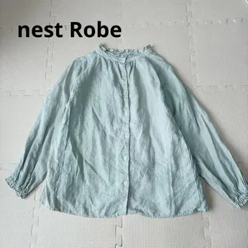 네스트로브 린넨 100% 프릴 넥 블라우스 그레이지