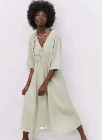 ZARA 린넨 100% 롱 원피스 V넥 플레어 세이지 그린