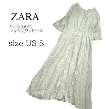 ZARA 린넨 100% 롱 원피스 V넥 플레어 세이지 그린