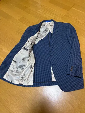남성용 테일러드 자켓 네이비 체크 무늬 마 혼방 스탠리 브래커