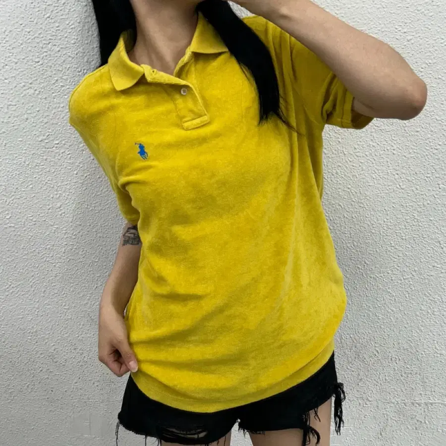 폴로 랄플렌 블루포니 옐로우벨벳 반팔 S