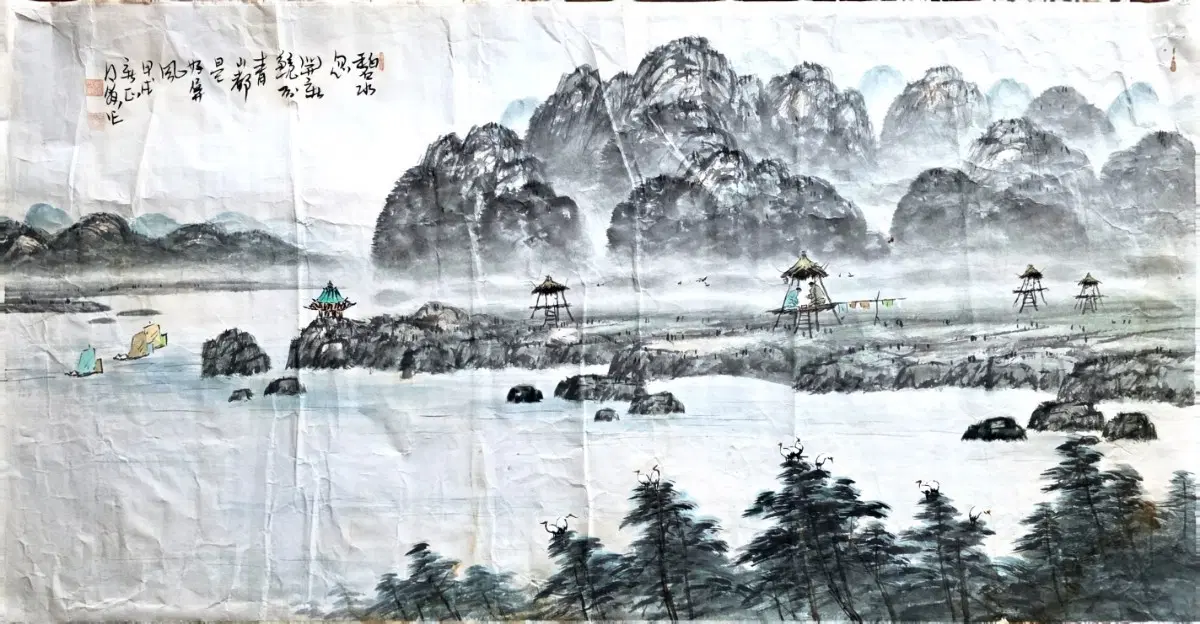 [진품/대작] 호남화단 거목 백포 곽남배 화백 수묵채색화 '원두막' (40호 대작)