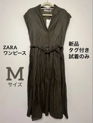 [택 포함 새상품] ZARA 롱 원피스 벨트 포함 카키색 새틴 주름 가공