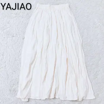 야지아오 플레어 스커트 롱 크링클 허리밴딩 A라인 아이보리