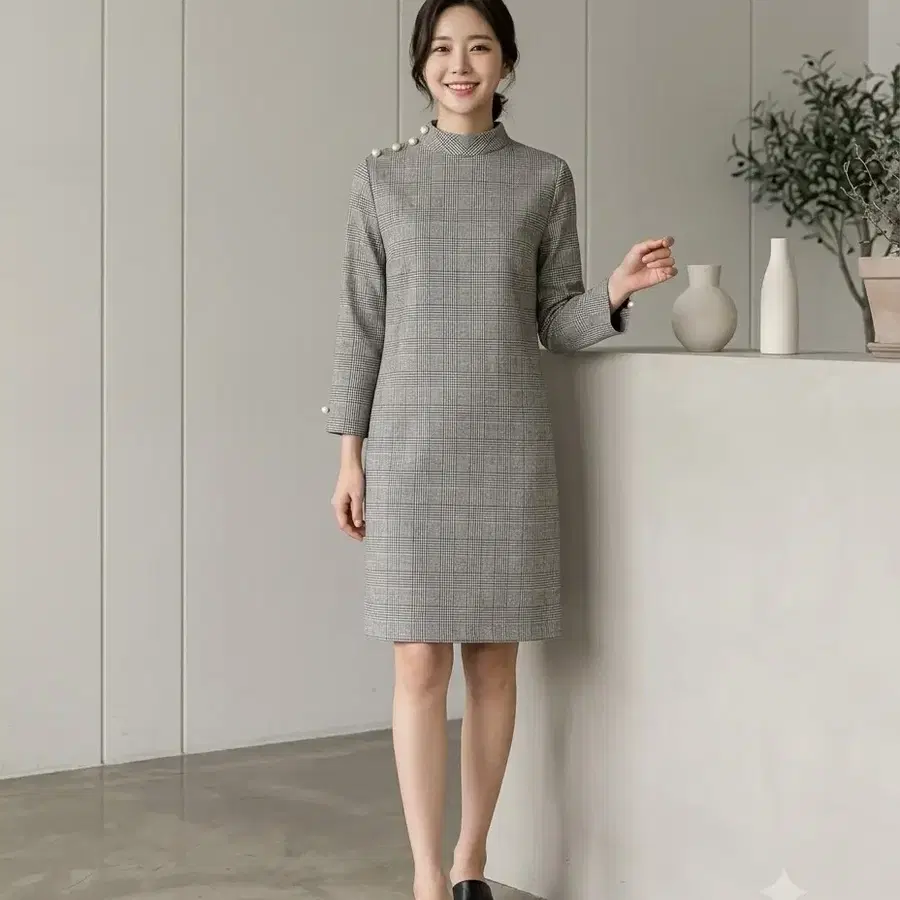 (새상품)ZARA BASIC 체크 진주 버튼 원피스 S