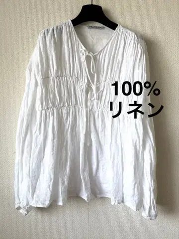 ZARA 100% 린넨 개더 화이트 블라우스