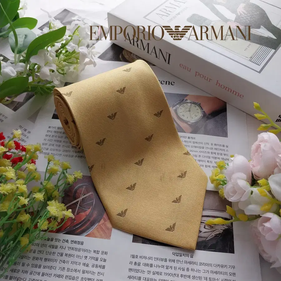 엠포리오아르마니 머스타드 이글 로고 자수 넥타이 9.8cm A등급 K3200