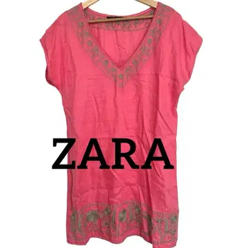 ZARA 린넨 100% 옷깃 밑단 자수 패턴 루즈핏 튜닉 원피스 사이즈 M