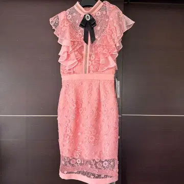 핑크 레이스 프릴 미니 드레스 비쥬 리본