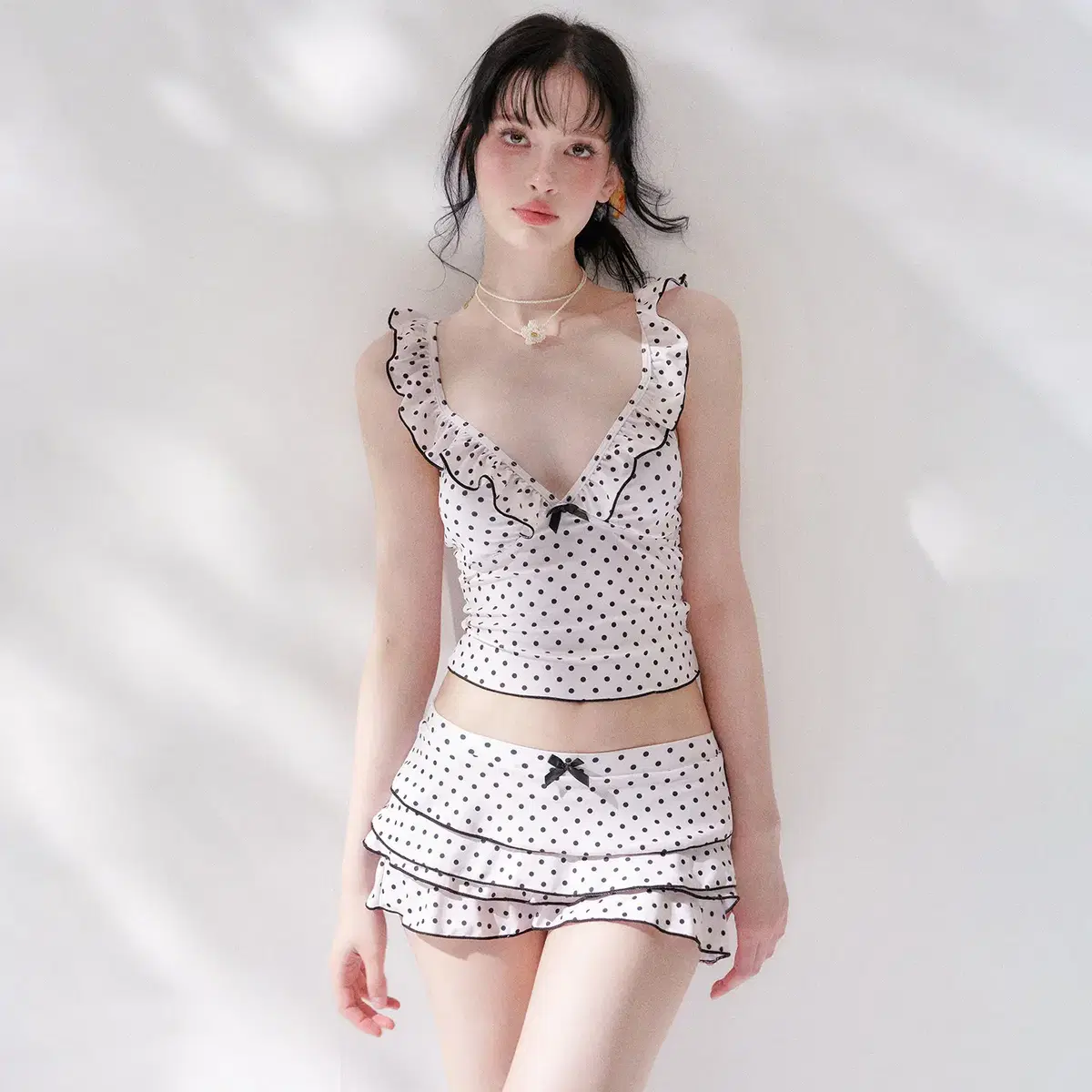 Pinkup 레트로 폴카 도트 러플 워터파크 쓰리피스 수영복
