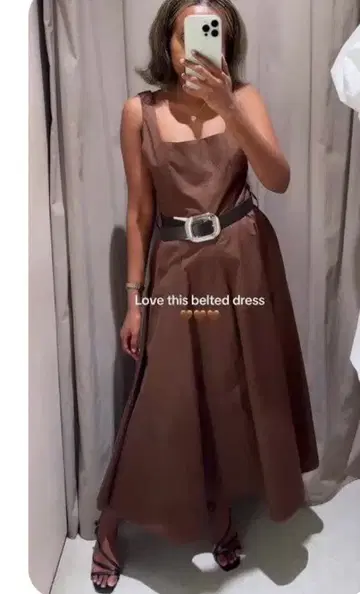 ZARA 벨트 포함 슬리브리스 롱 원피스 브라운