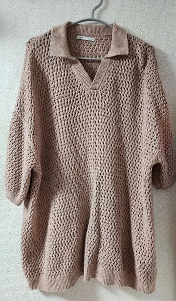ZARA 크로셰 니트 피케 셔츠 파우더 핑크 L