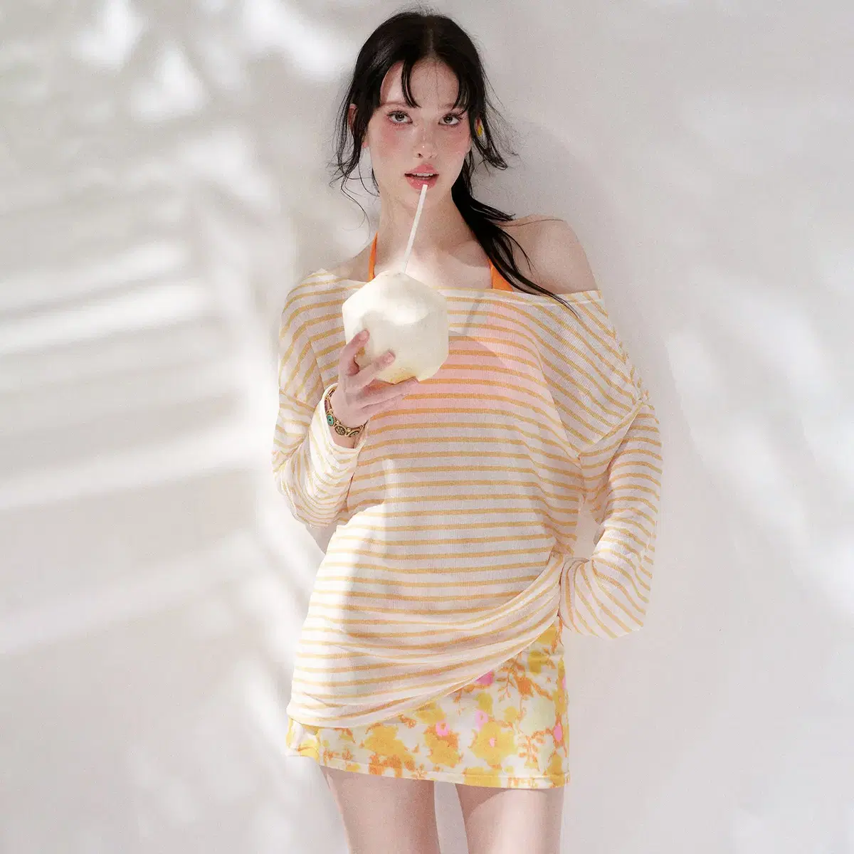 Pinkup 오렌지 비키니 스트라이프 티셔츠 4피스 수영복