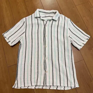 ZARA 자라 반팔 셔츠 스트라이프 와플 오픈 카라 S