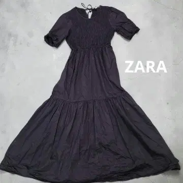 ZARA 셔링 코튼 플레어 롱 원피스 블랙