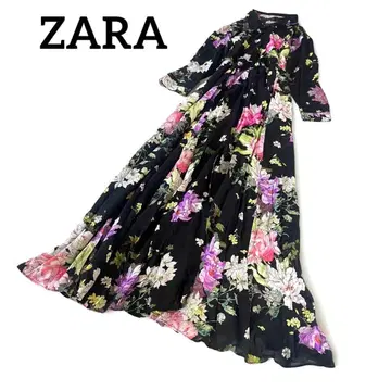 ZARA 꽃무늬 맥시 길이 플레어 셔츠 원피스 블랙